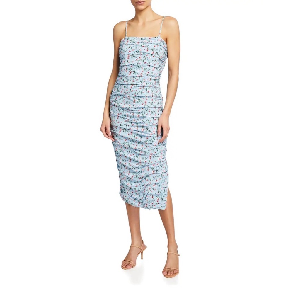 Bardot Ruched Floral Midi Light Blue Bodycon Dress Size 6 Medium